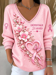 Pull Femme France Cancer Du Sein Imprimé Floral Décontracté Col V