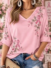 T-shirt rose à manches mi-longues et col en V, motif artistique sur le cancer du sein chez la femme