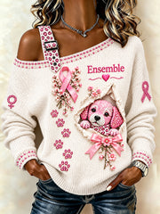 Pull Femme Décontracté Épaules Dénudées Décontracté France Cancer Du Sein Imprimé Chiot