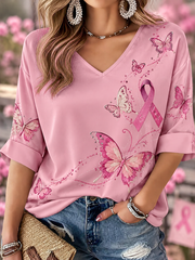 T-shirt rose à manches mi-longues et col en V, motif artistique sur le cancer du sein chez la femme