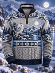 Pull en flanelle à demi-fermeture zippée pour homme, motif animal nordique