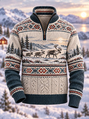 Pull Homme Nordique Imprimé Animal En Flanelle Demi-Zip