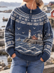 Chandail à glissière classique scandinave rétro inspiré du littoral pour femme