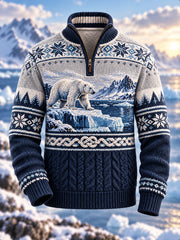 Pull en flanelle à demi-fermeture zippée pour homme, motif animal nordique