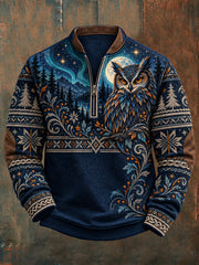 Sweat-shirt à demi-fermeture zippée en flanelle à imprimé animal nordique pour homme