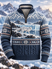 Pull en flanelle à demi-fermeture zippée pour homme, motif animal nordique