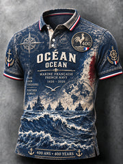 Polo décontracté pour homme à imprimé nautique, édition anniversaire 400 ans de la Marine française
