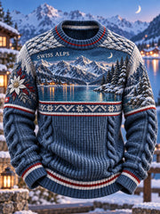 Pull Homme Vintage Swiss Art Print Casual Ras du Cou