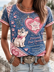 T-shirt décontracté à imprimé patchwork chaton cancer du sein français pour femmes