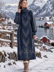 Retro Nordic Herringbone Imprimer Artistic High-Neck Robe Femme