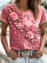 T-shirt décontracté femme France cancer du sein à imprimé floral et oiseau