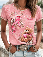T-shirt décontracté imprimé ours mignon de sensibilisation au cancer du sein français pour femmes