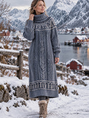 Rétro Nordic Diamond-Patterned Artistic High-Neck Robe Femme