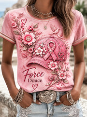 T-shirt décontracté à imprimé floral pour femmes French Breast Cancer