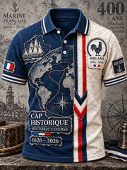 Polo homme à imprimé patchwork bleu marine aux couleurs du drapeau français, édition anniversaire 400 ans