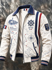 Veste décontractée zippée pour homme, imprimé nautique, écrue et bleu marine, commémorant le 400e anniversaire