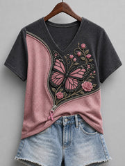 T-shirt à manches courtes pour femme, motif papillons et roses, ruban rose, fermeture éclair, imprimé bicolore