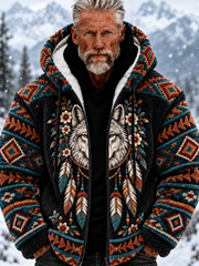 Veste vintage en flanelle épaisse pour homme, motif tête de loup viking et motifs aztèques