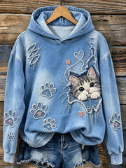Sweat à capuche confortable pour femme, style vintage, motif mignon de chat et empreintes de pattes