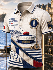 Polo décontracté pour homme à imprimé vintage patchwork, édition anniversaire 400 ans de la Marine française