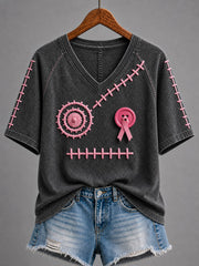 T-shirt à manches courtes pour femmes, motif d’Halloween avec visage brodé et ruban rose de sensibilisation au cancer du sein