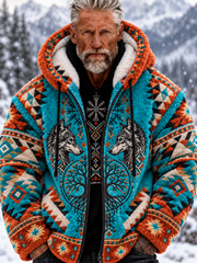Veste vintage en flanelle épaisse pour homme, motif tête de loup viking et motifs aztèques