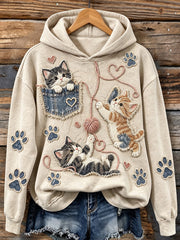 Vintage Cute Cats & Paws Imprimer Cozy Hoodie Femme