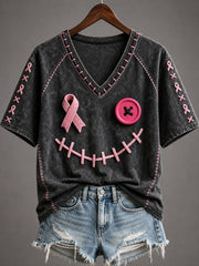 T-shirt à manches courtes pour femmes, motif d’Halloween avec visage brodé et ruban rose de sensibilisation au cancer du sein