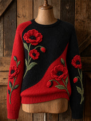 Pull col rond pour femme, élégant, à imprimé floral Papaveraceae aux couleurs contrastées