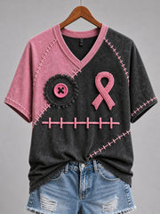 T-shirt à manches courtes pour femmes, motif d’Halloween avec visage brodé et ruban rose de sensibilisation au cancer du sein