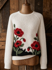 Pull col rond pour femme, élégant, à imprimé floral Papaveraceae aux couleurs contrastées
