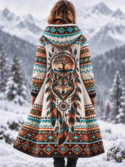 Veste vintage en flanelle épaisse pour femme, motif tête de loup viking et motifs aztèques