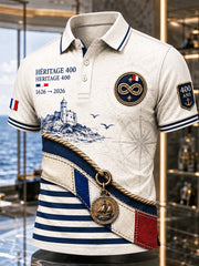 Polo décontracté pour homme de la Marine française, imprimé patchwork à rayures, édition du 400e anniversaire