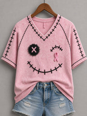 T-shirt à manches courtes pour femmes, motif d’Halloween avec visage brodé et ruban rose de sensibilisation au cancer du sein