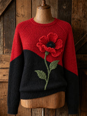 Pull col rond pour femme, élégant, à imprimé floral Papaveraceae aux couleurs contrastées