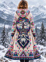 Veste vintage en flanelle épaisse pour femme, motif tête de loup viking et motifs aztèques