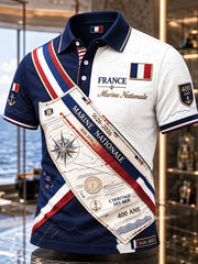 Polo professionnel en patchwork pour homme, orné d’un imprimé commémoratif du 400e anniversaire de la Marine française