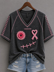 T-shirt à manches courtes pour femmes, motif d’Halloween avec visage brodé et ruban rose de sensibilisation au cancer du sein