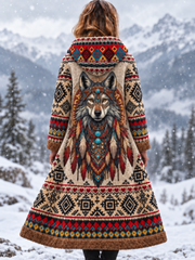 Veste vintage en flanelle épaisse pour femme, motif tête de loup viking et motifs aztèques