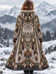 Veste vintage en flanelle épaisse pour femme, motif tête de loup viking et motifs aztèques