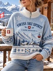 Sweat-shirt col roulé en maille à motif commémoratif pour femmes, style alpin