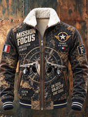 Veste zippée décontractée en patchwork de laine d’agneau pour homme, imprimé avion de chasse Rafale de l’Armée de l’air française