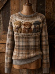 Pull col rond vintage pour femme, motif vaches des Highlands et tartan écossais