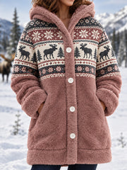 Manteau à capuche en flanelle décontracté à imprimé orignal pour femmes