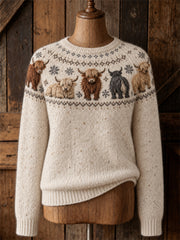 Pull col rond femme Vintage Highland Cows Yoke Isle Print