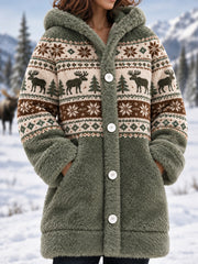 Manteau d'hiver décontracté en flanelle à capuche pour femme, imprimé orignal