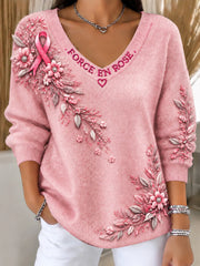 Pull Femme France Cancer Du Sein Imprimé Floral Décontracté Col V