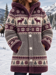 Manteau d'hiver décontracté en flanelle à capuche pour femme, imprimé orignal
