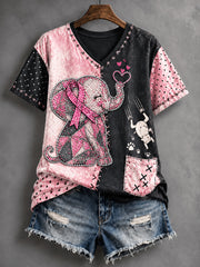 Femmes France Sensibilisation au cancer du sein Mignon Patchwork Imprimer Casual V-cou T-shirt