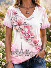 T-shirt à col en V à imprimé floral France pour femmes, imprimé en 3D